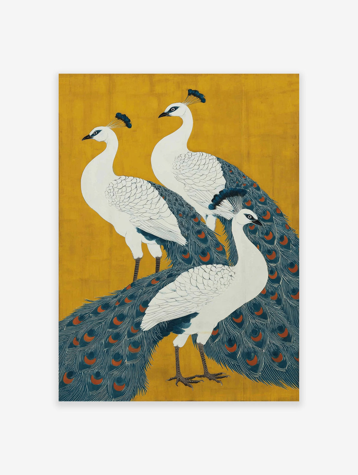 Three peacocks poster with white bodies, blue and orange feathers, set against a vibrant yellow background.