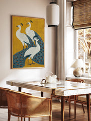 Three peacocks poster with white bodies, blue and orange feathers, set against a vibrant yellow background. - Image 2