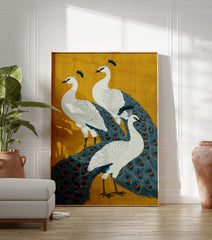 Three peacocks poster with white bodies, blue and orange feathers, set against a vibrant yellow background. - Image 3