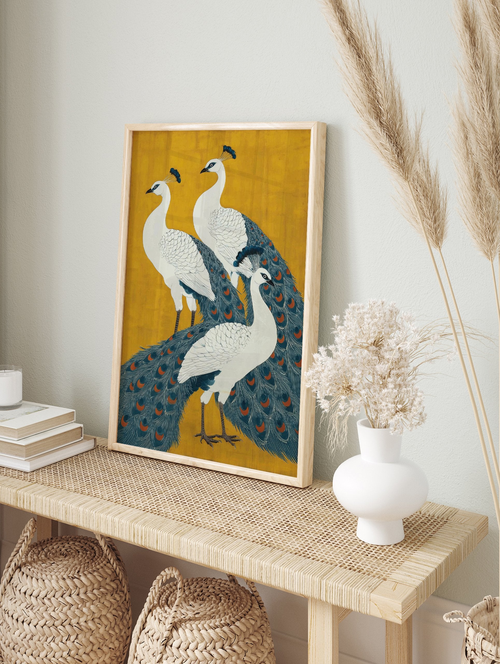 Three peacocks poster with white bodies, blue and orange feathers, set against a vibrant yellow background. - Image 4