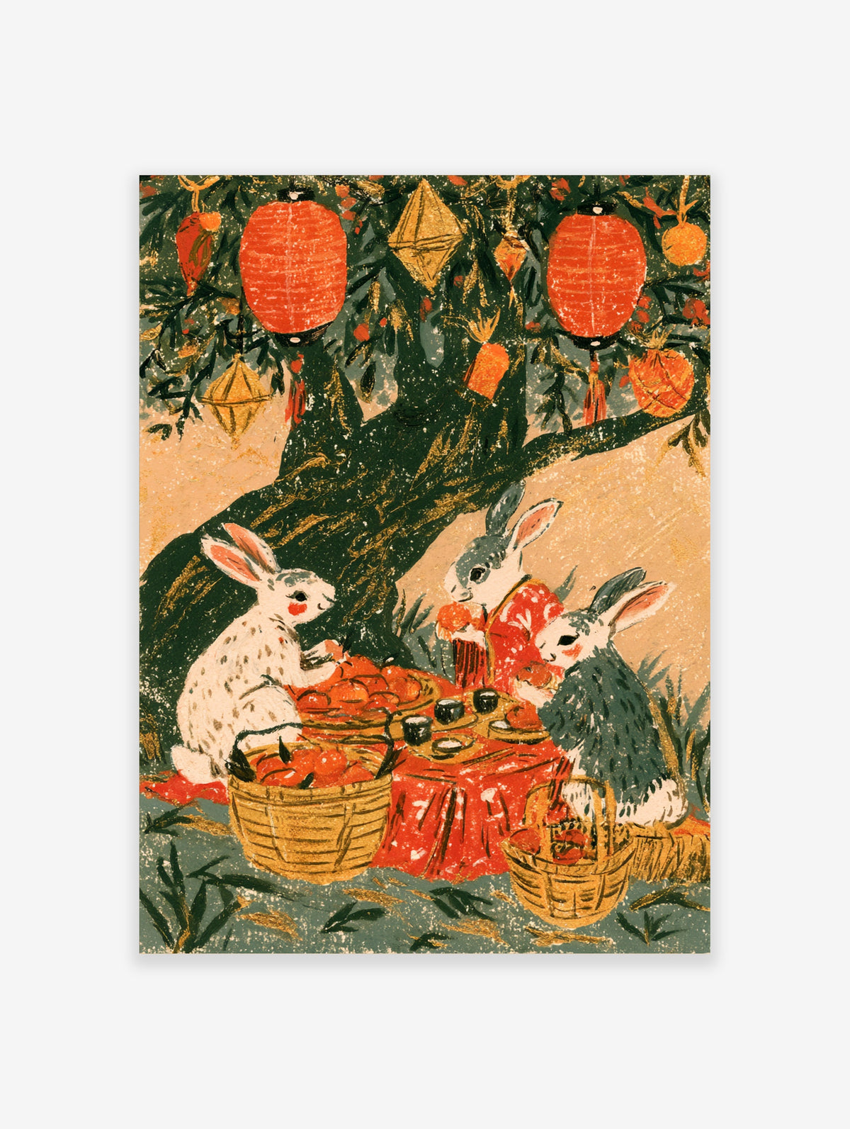 Three rabbits around a red table under a tree with orange lanterns, Japanese-style poster