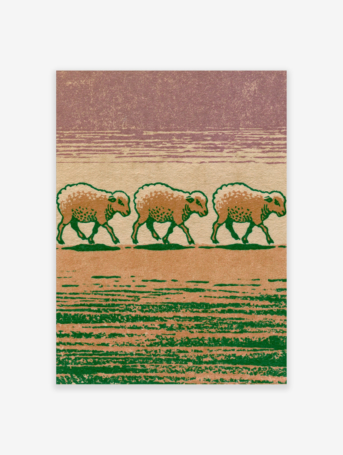 Three sheep walking in profile on a textured green and tan landscape art print