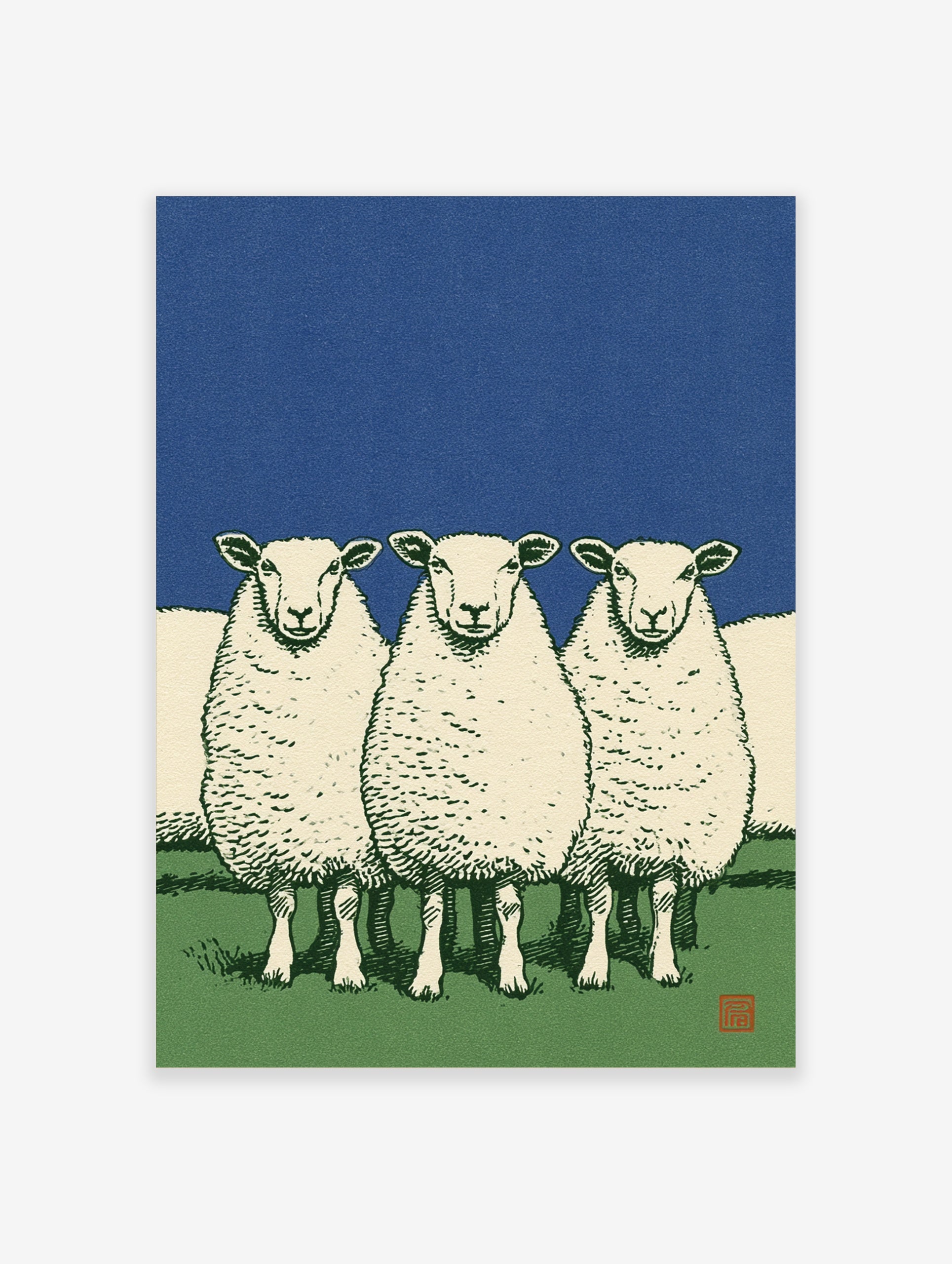 Illustrative art print of three white sheep standing in a green field against a solid deep blue sky
