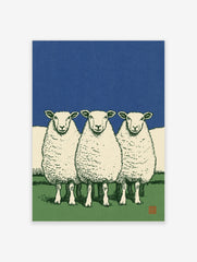 Illustrative art print of three white sheep standing in a green field against a solid deep blue sky