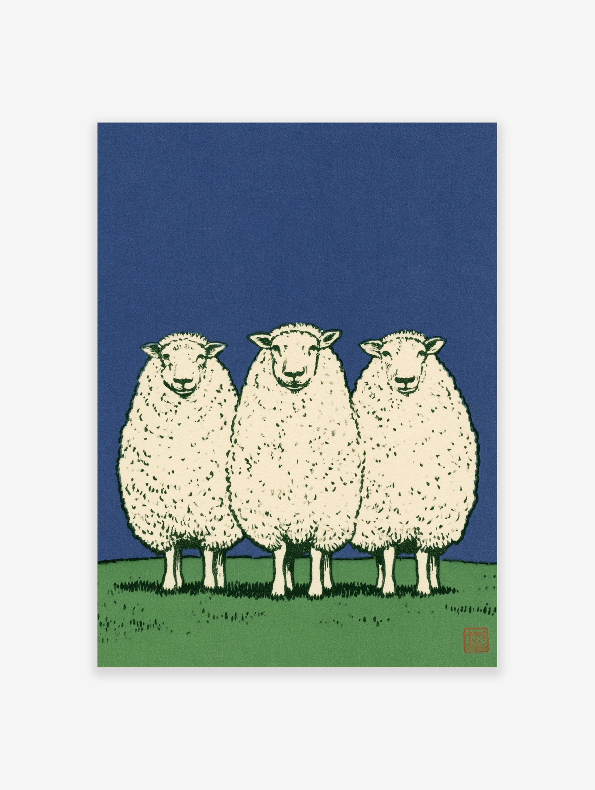 Three sheep standing in a row on a green field against a solid blue sky, illustrative art print