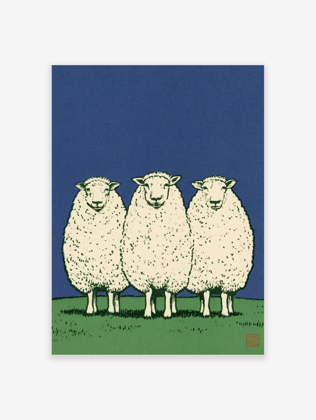 Three sheep standing in a row on a green field against a solid blue sky, illustrative art print