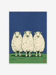 Three sheep standing in a row on a green field against a solid blue sky, illustrative art print