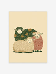 Illustrative art print of three sheep, one with green floral, one with red stripes, one with beige wool