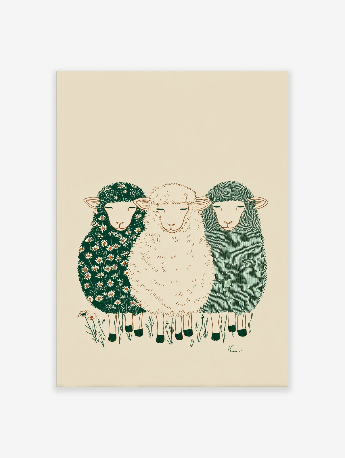 Illustrative wall art of three peaceful sheep with different textured fleeces on a beige background