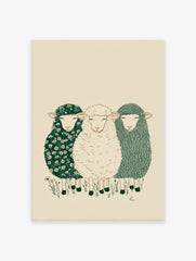 Illustrative wall art of three peaceful sheep with different textured fleeces on a beige background