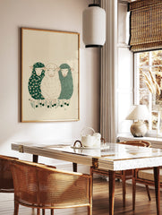 Illustrative wall art of three peaceful sheep with different textured fleeces on a beige background, in a styled room mockup
