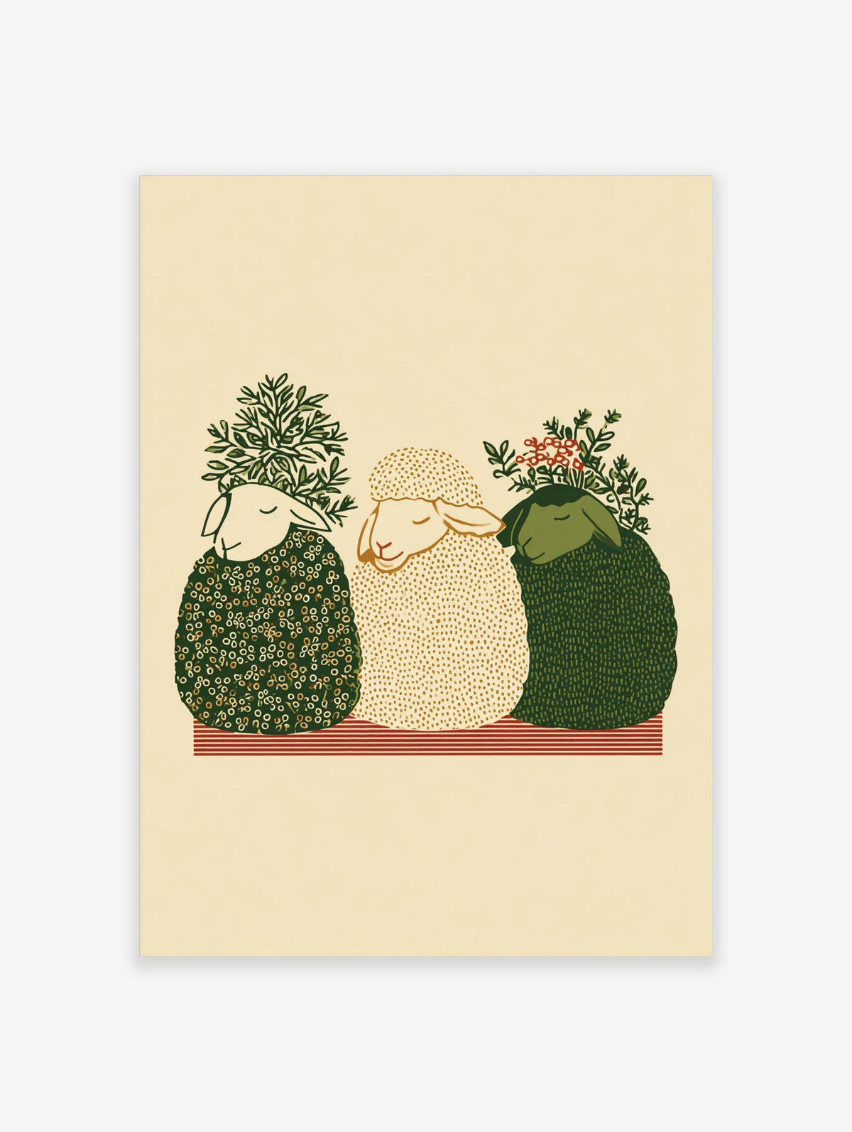 Three illustrative green and cream sheep with foliage and red berries, sitting on a red and white striped base