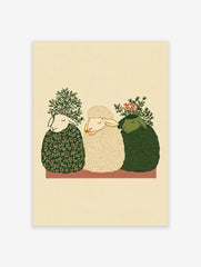 Three illustrative green and cream sheep with foliage and red berries, sitting on a red and white striped base