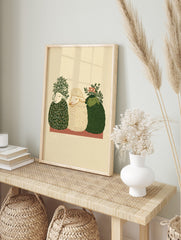 Three illustrative green and cream sheep with foliage and red berries, sitting on a red and, in an alternate framed mockup