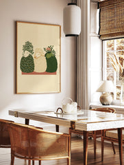 Three illustrative green and cream sheep with foliage and red berries, sitting on a red and white, in a styled room mockup