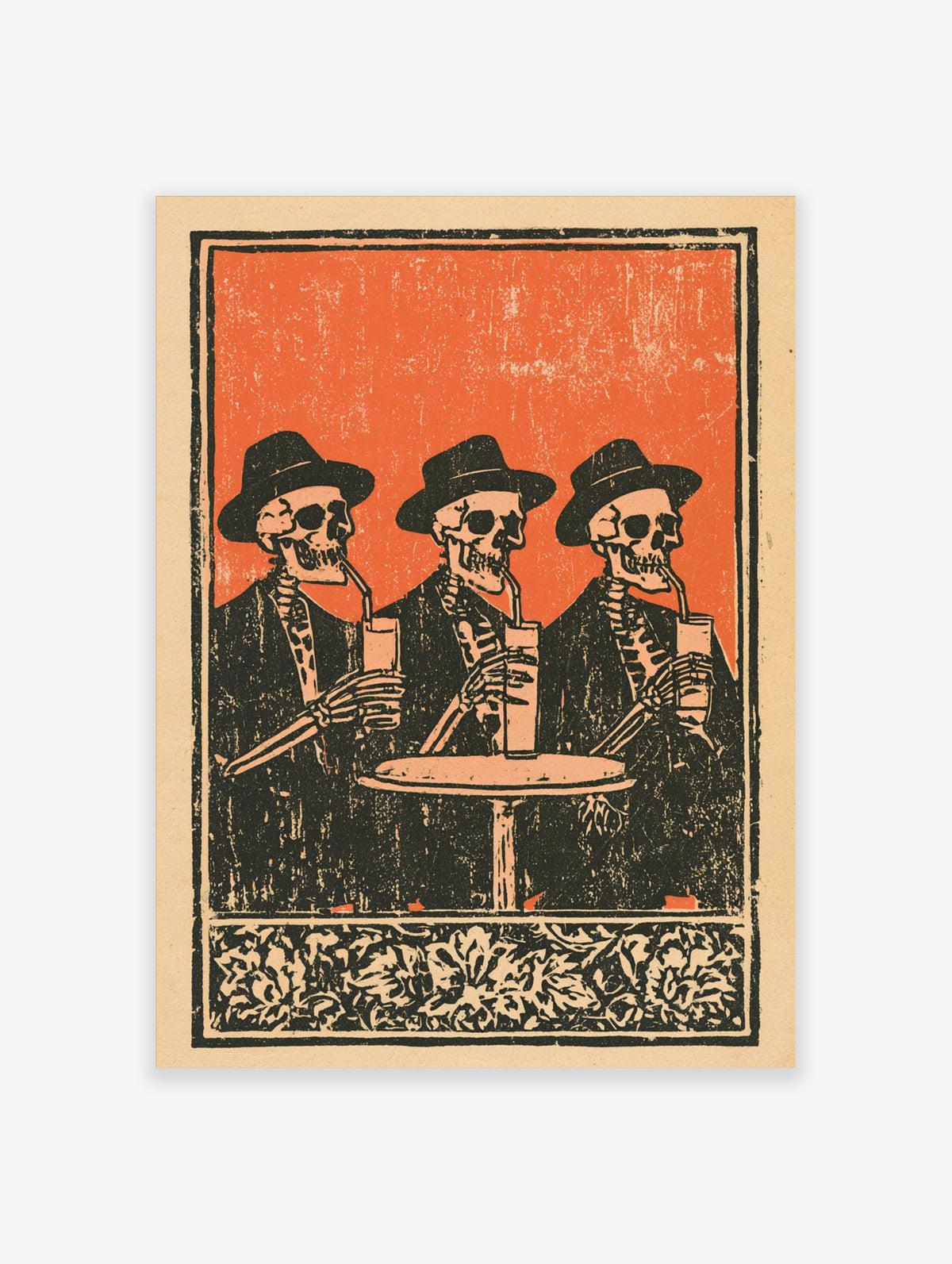 Three skeleton cowboys in hats drinking through straws at a round table, orange and black retro poster