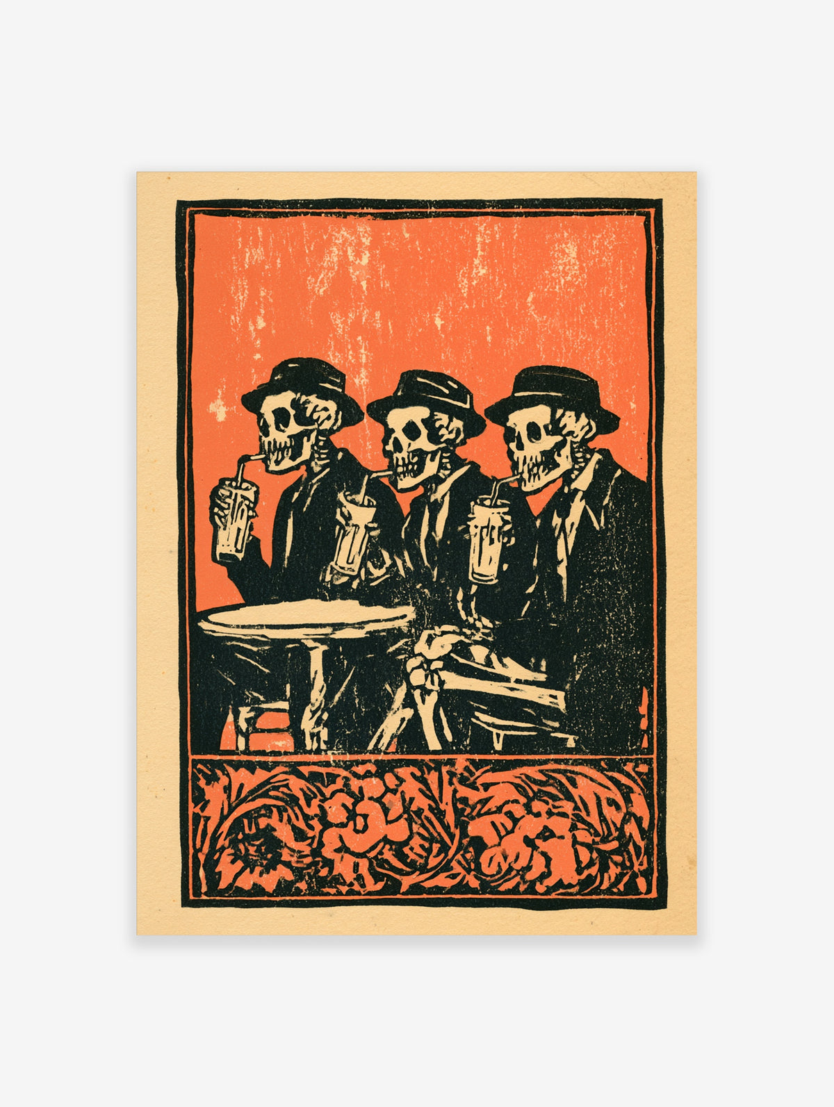 Three skeleton drinkers in hats and suits with straws and glasses on orange background art print