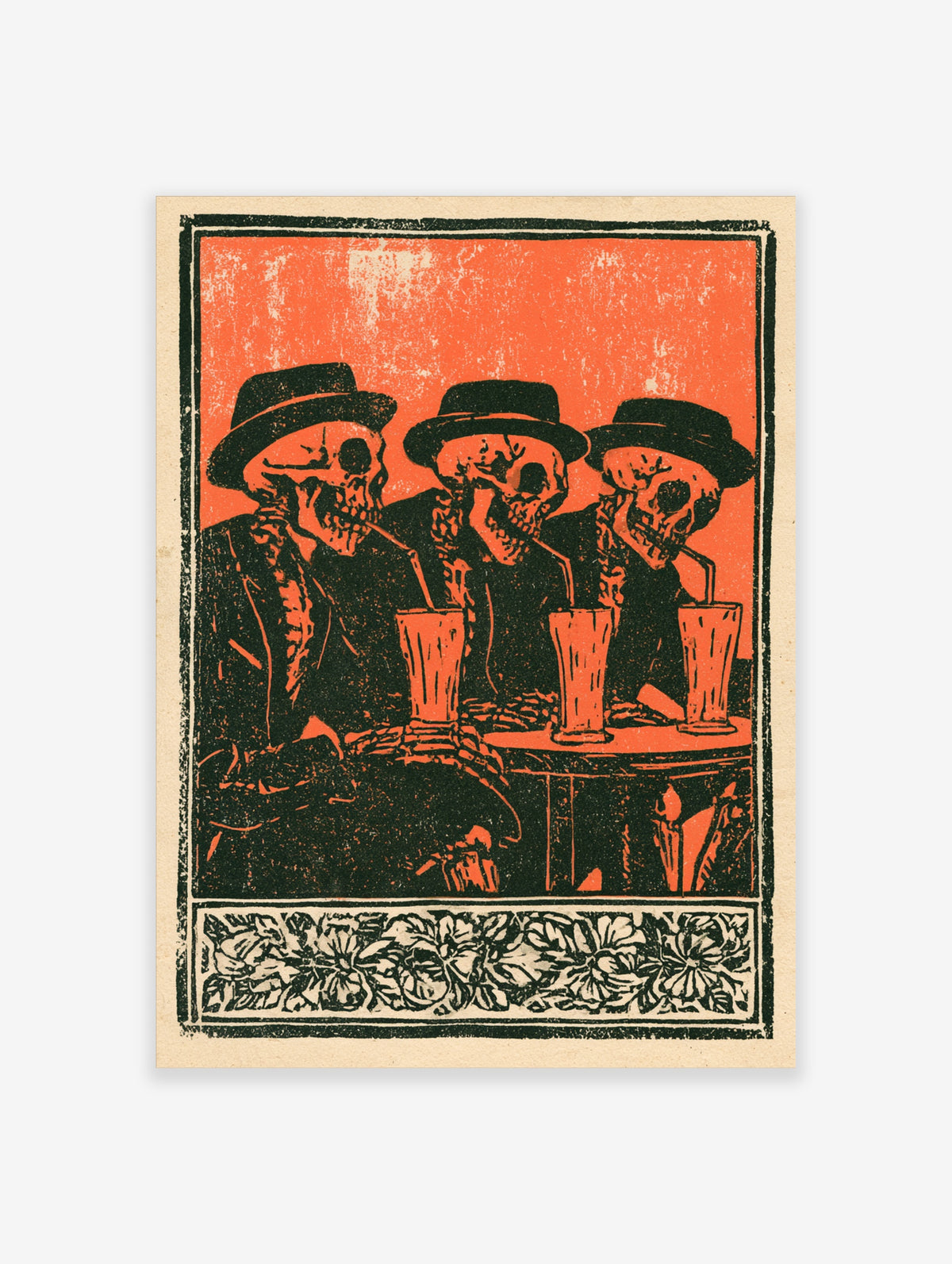 Three skulls in hats drinking through straws from glasses, orange and black retro print with floral border