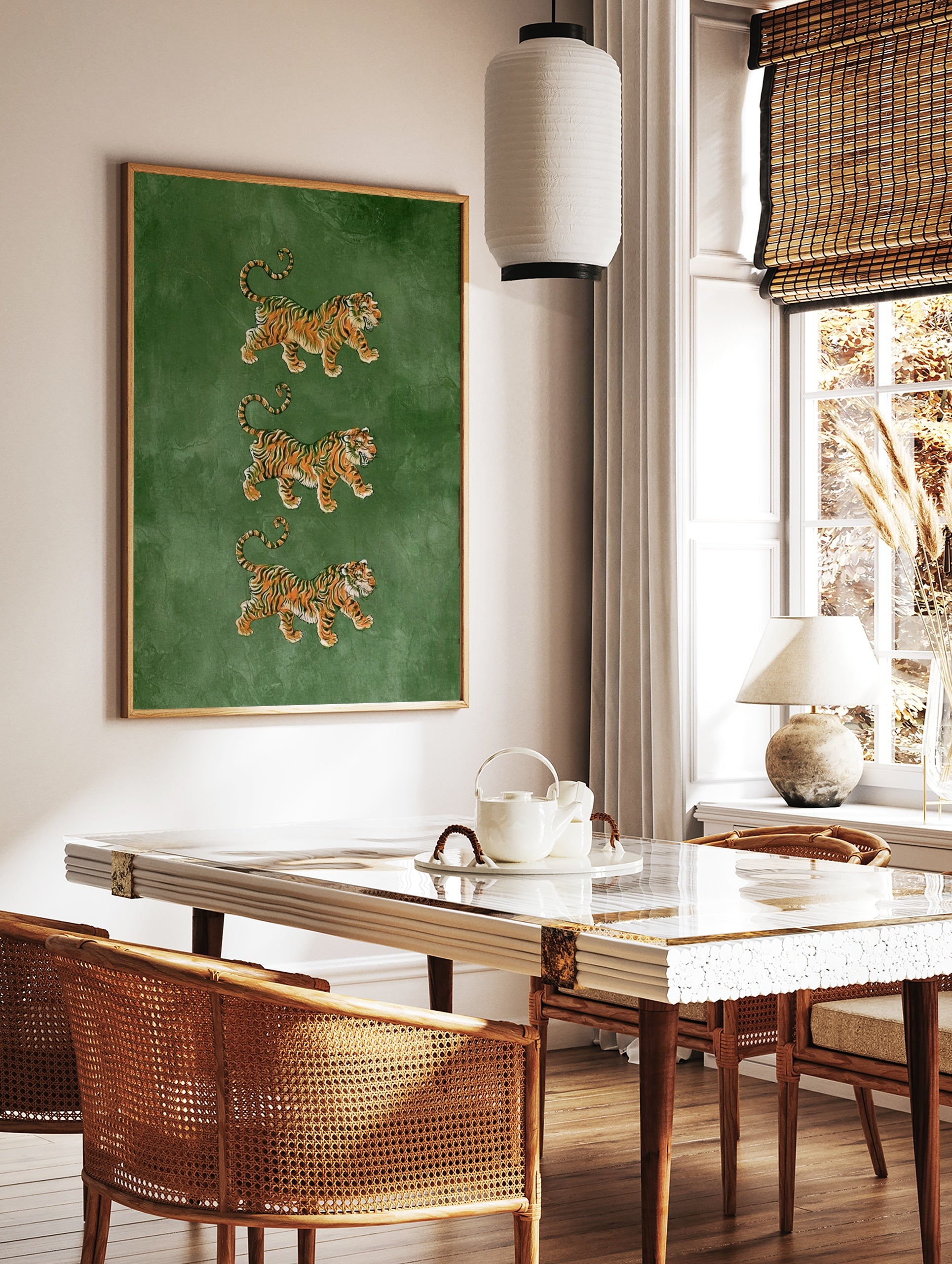 Three stacked tiger illustrations in orange and black on a textured green background, vertical, in a styled room mockup