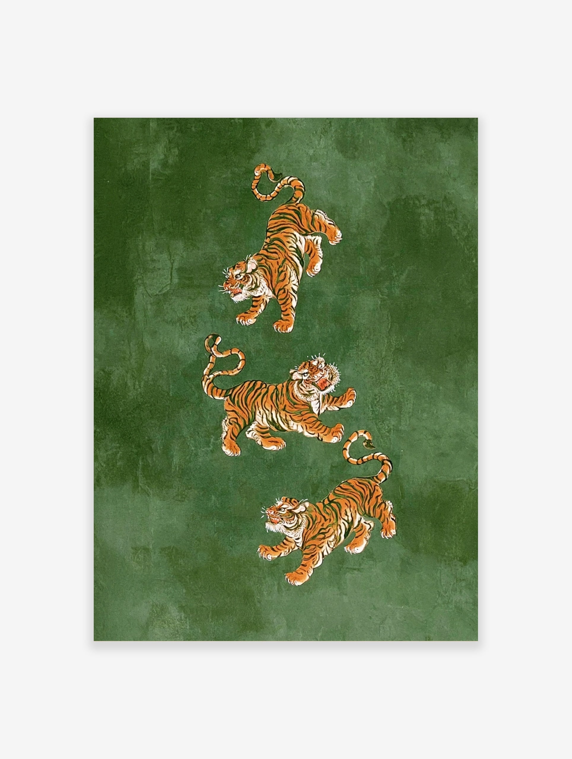 Three tigers wall art with detailed illustrations on a textured green background