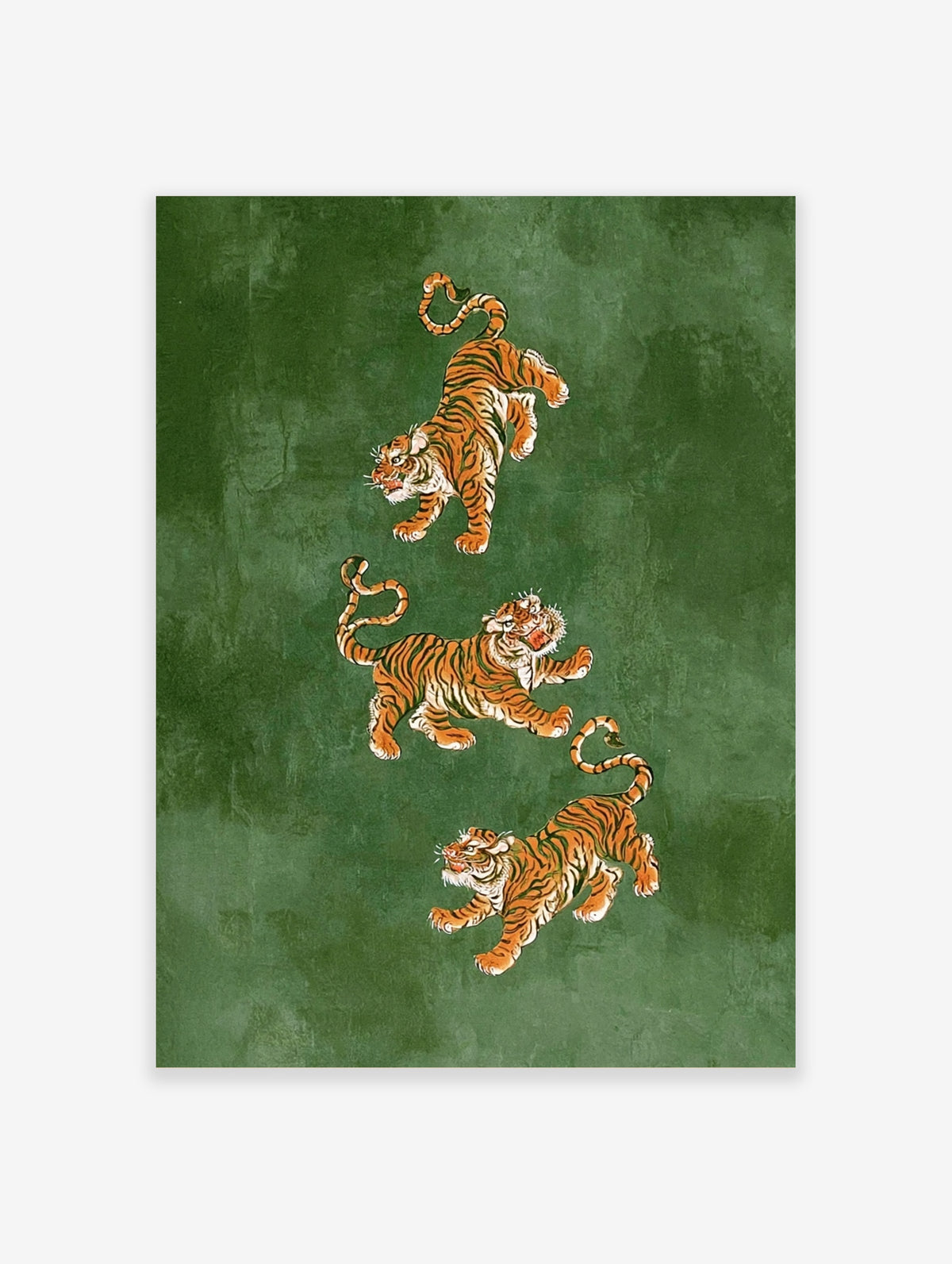 Three tigers wall art with detailed illustrations on a textured green background