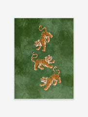 Three tigers wall art with detailed illustrations on a textured green background