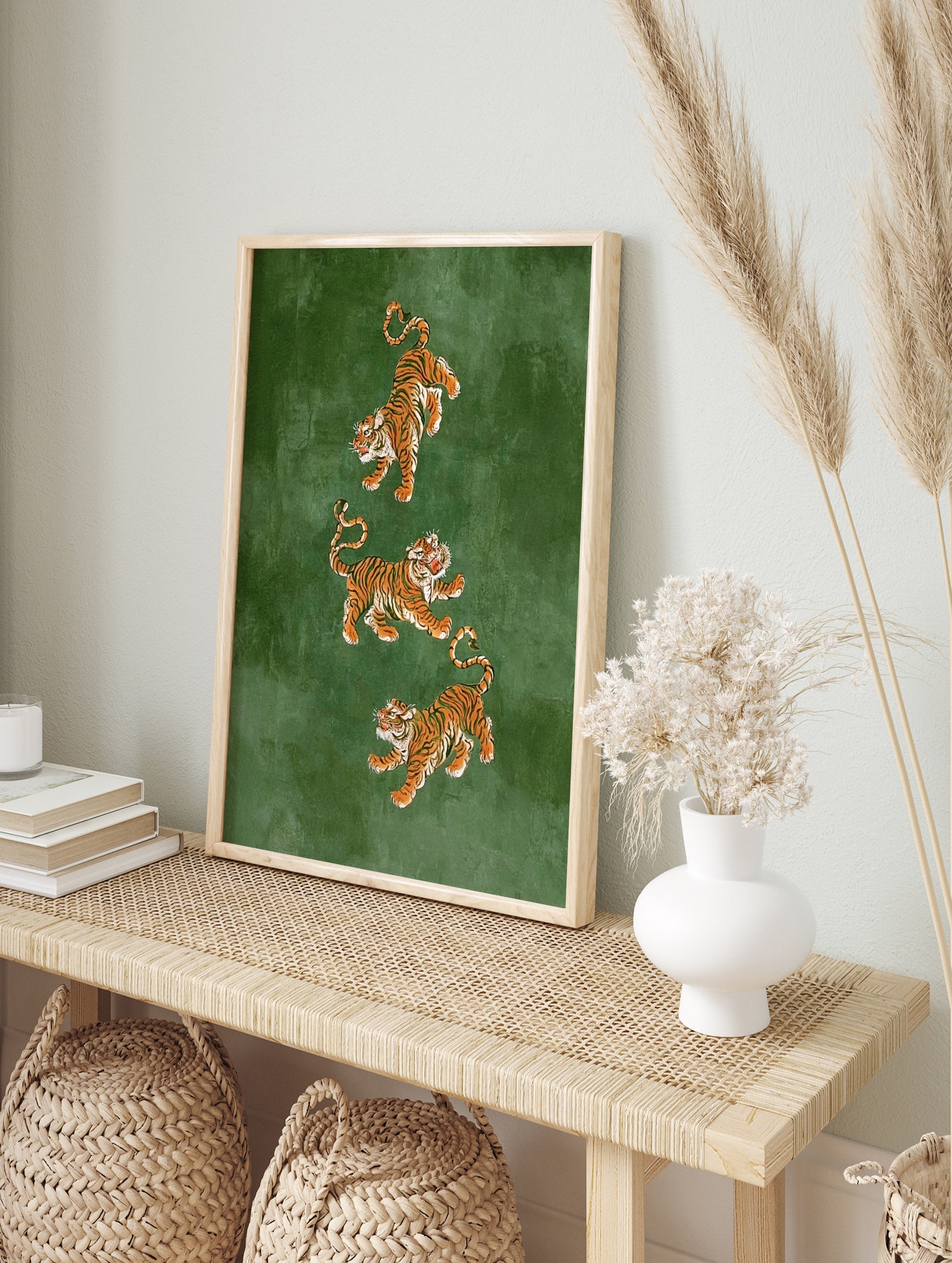 Three tigers wall art with detailed illustrations on a textured green background, in an alternate framed mockup