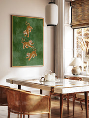 Three tigers wall art with detailed illustrations on a textured green background, in a styled room mockup