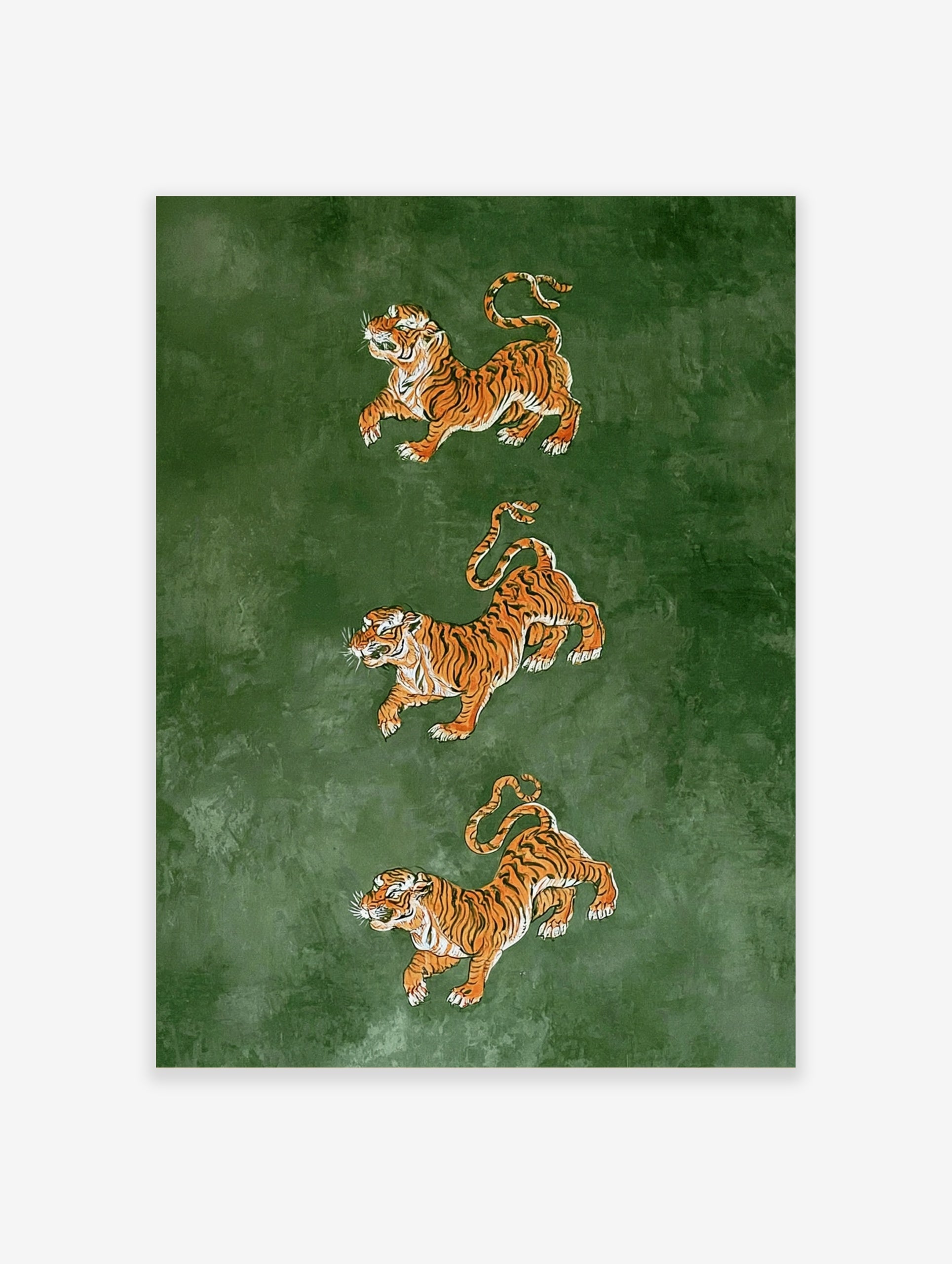 Three tigers in leaping poses on a deep green background, illustrative wildlife art print