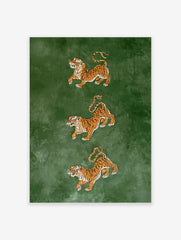 Three tigers in leaping poses on a deep green background, illustrative wildlife art print