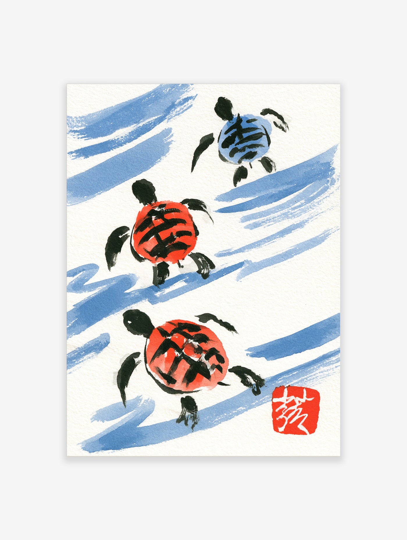 Three turtles in red and blue ink-wash style swimming with blue brushstroke currents on a white background