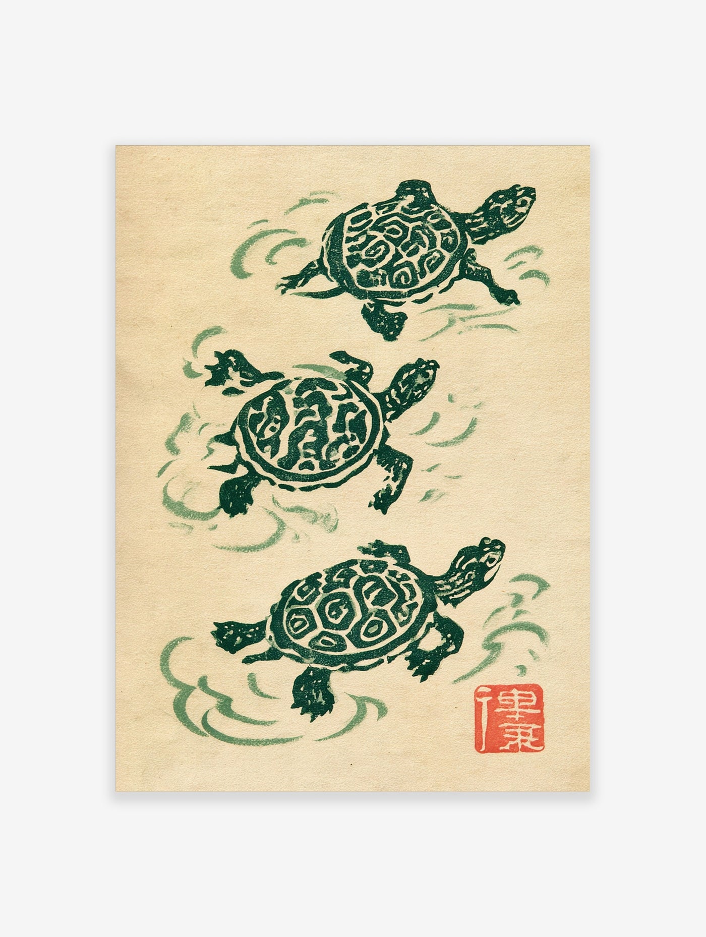 Three swimming turtles in a traditional woodblock style, green ink on cream paper with a red square seal
