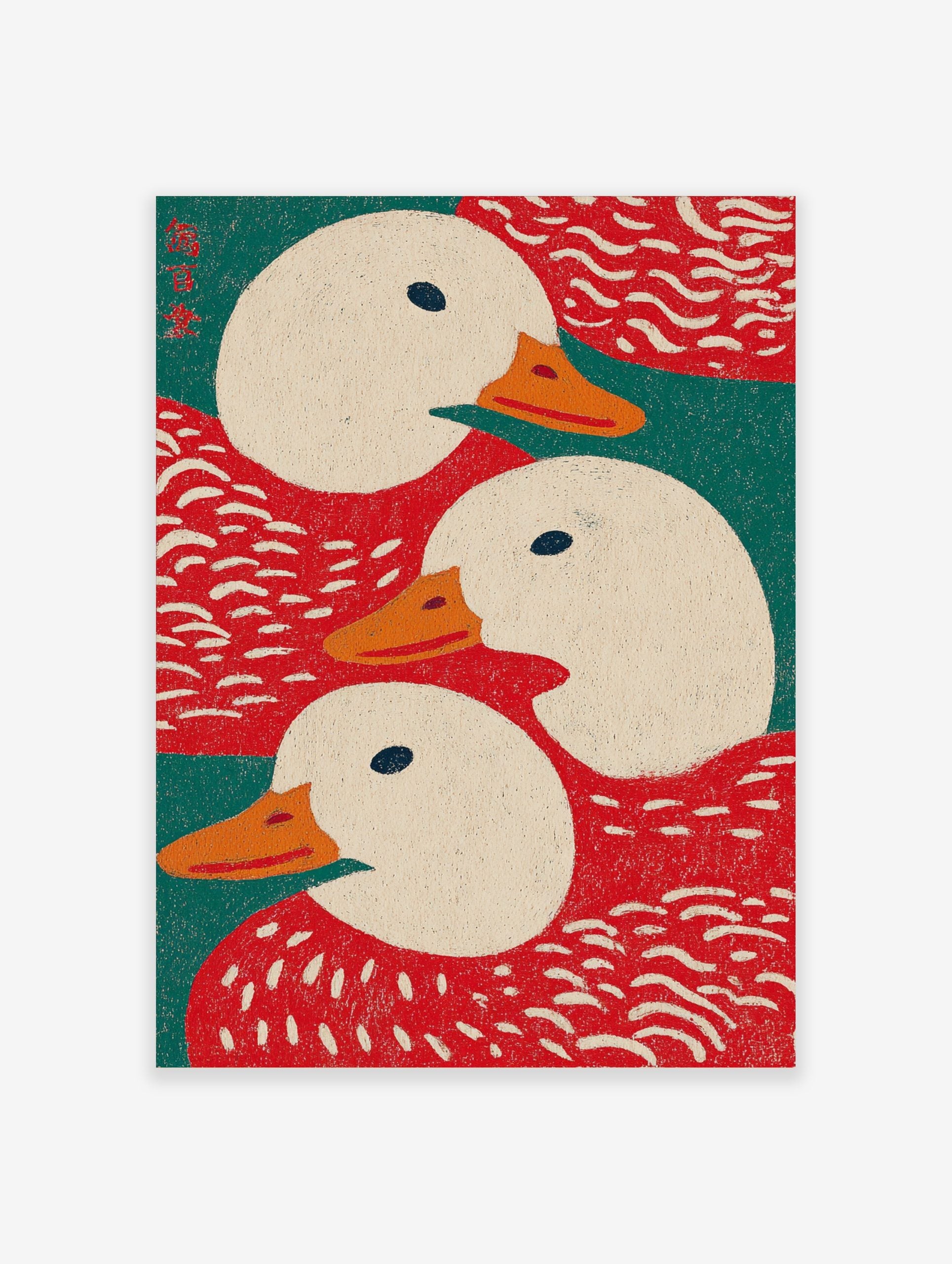 Illustrative art print showing three white ducks with orange beaks against red and teal green background