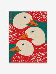 Illustrative art print showing three white ducks with orange beaks against red and teal green background