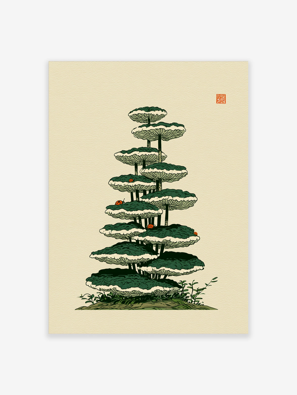 Illustration of a tiered mushroom tree with green caps, white gills, and red ladybirds on beige background