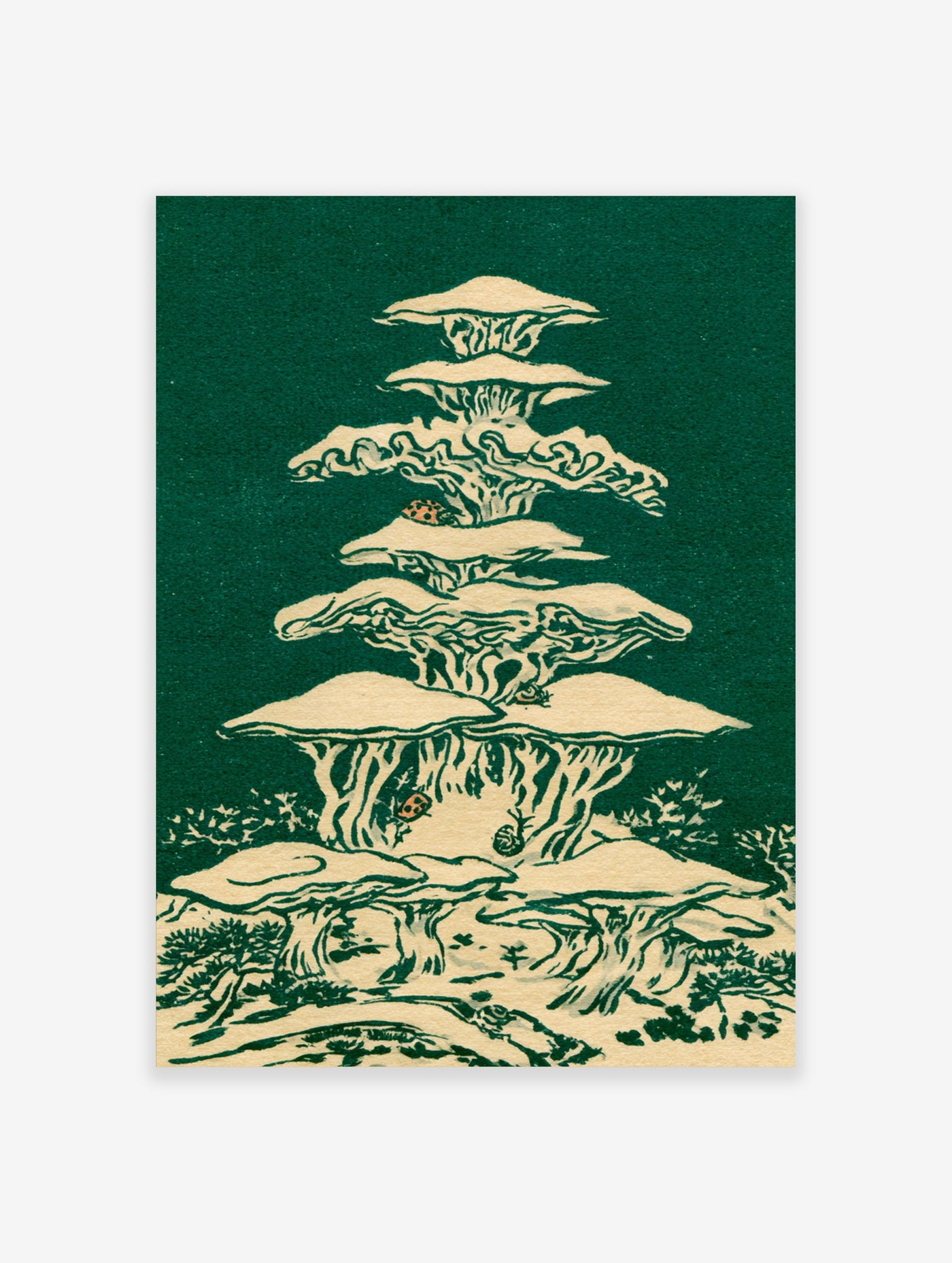 Tiered mushroom wall art with cream fungi, ladybirds, and snails on deep green background