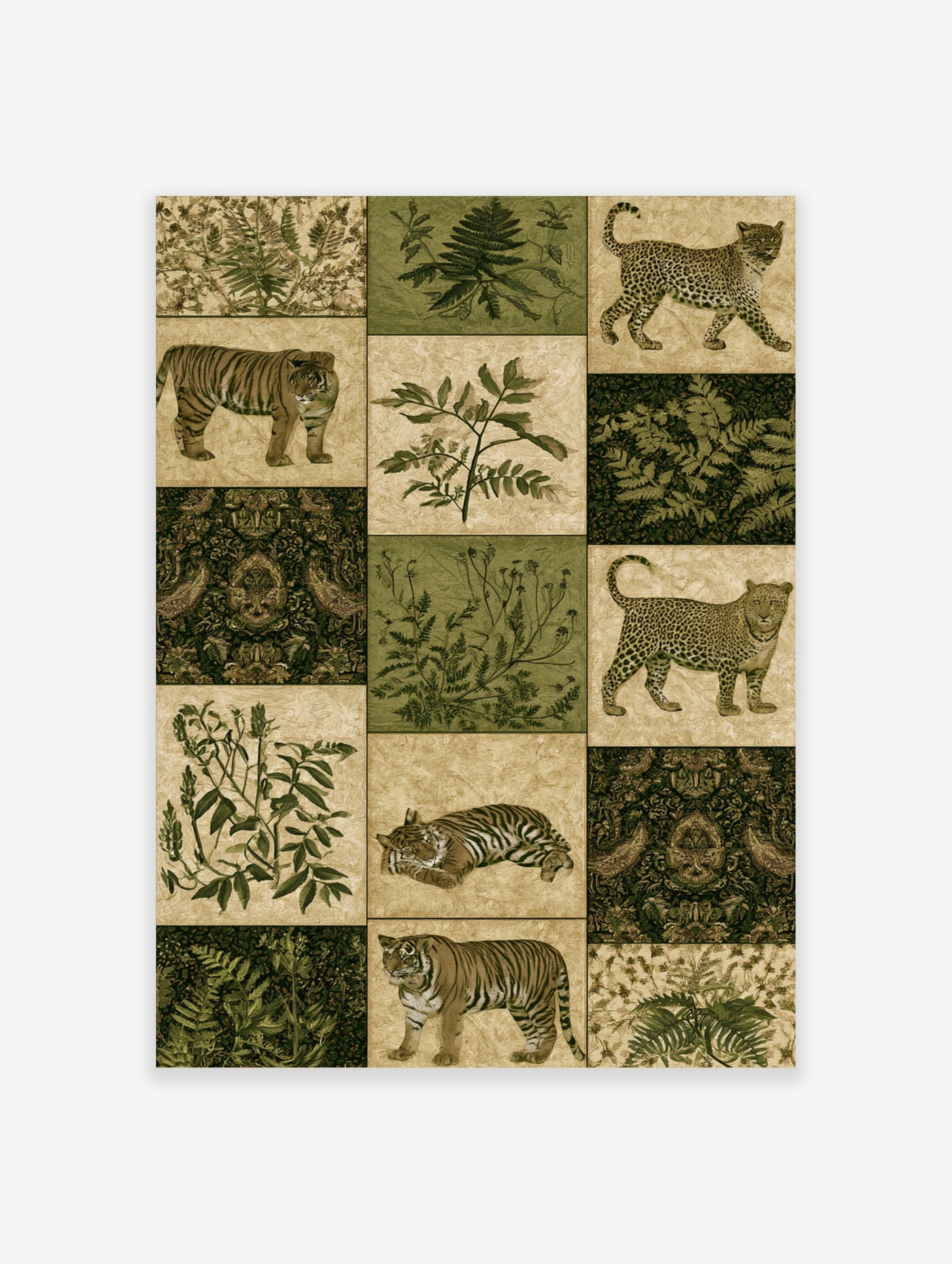 Collage of tigers and leopards with botanical fern and leaf illustrations in earthy greens and beige