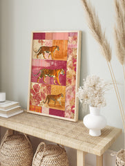 Tiger and leopard collage wall art, walking animals on patterned and jungle backgrounds in, in an alternate framed mockup