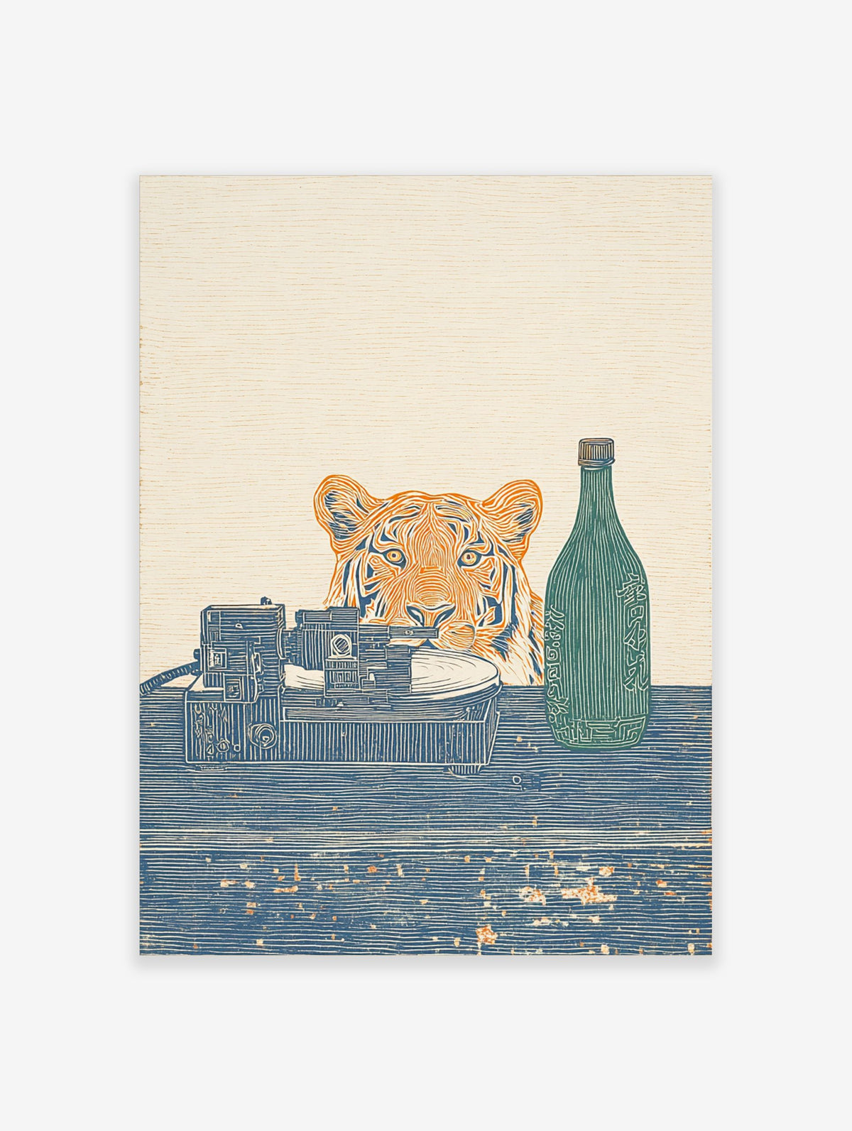 Woodblock style art print of a tiger, record player, and green bottle with Japanese text on a blue surface