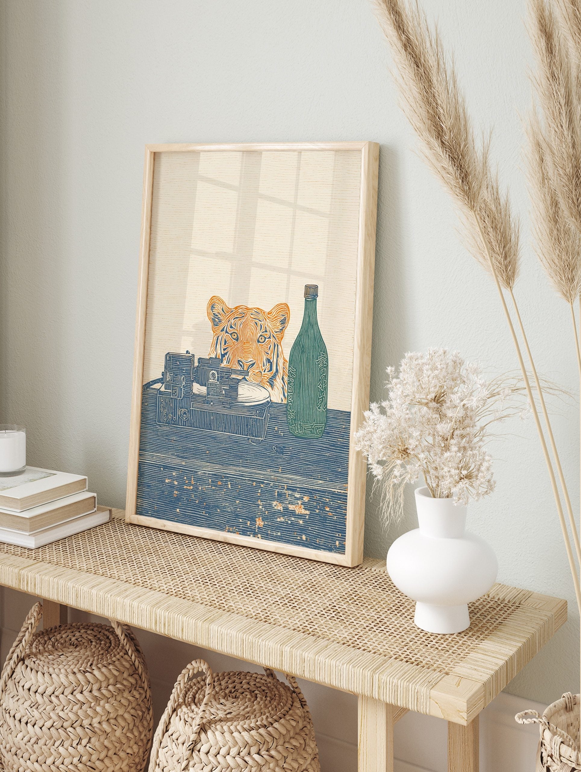 Woodblock style art print of a tiger, record player, and green bottle with Japanese text on a, in an alternate framed mockup
