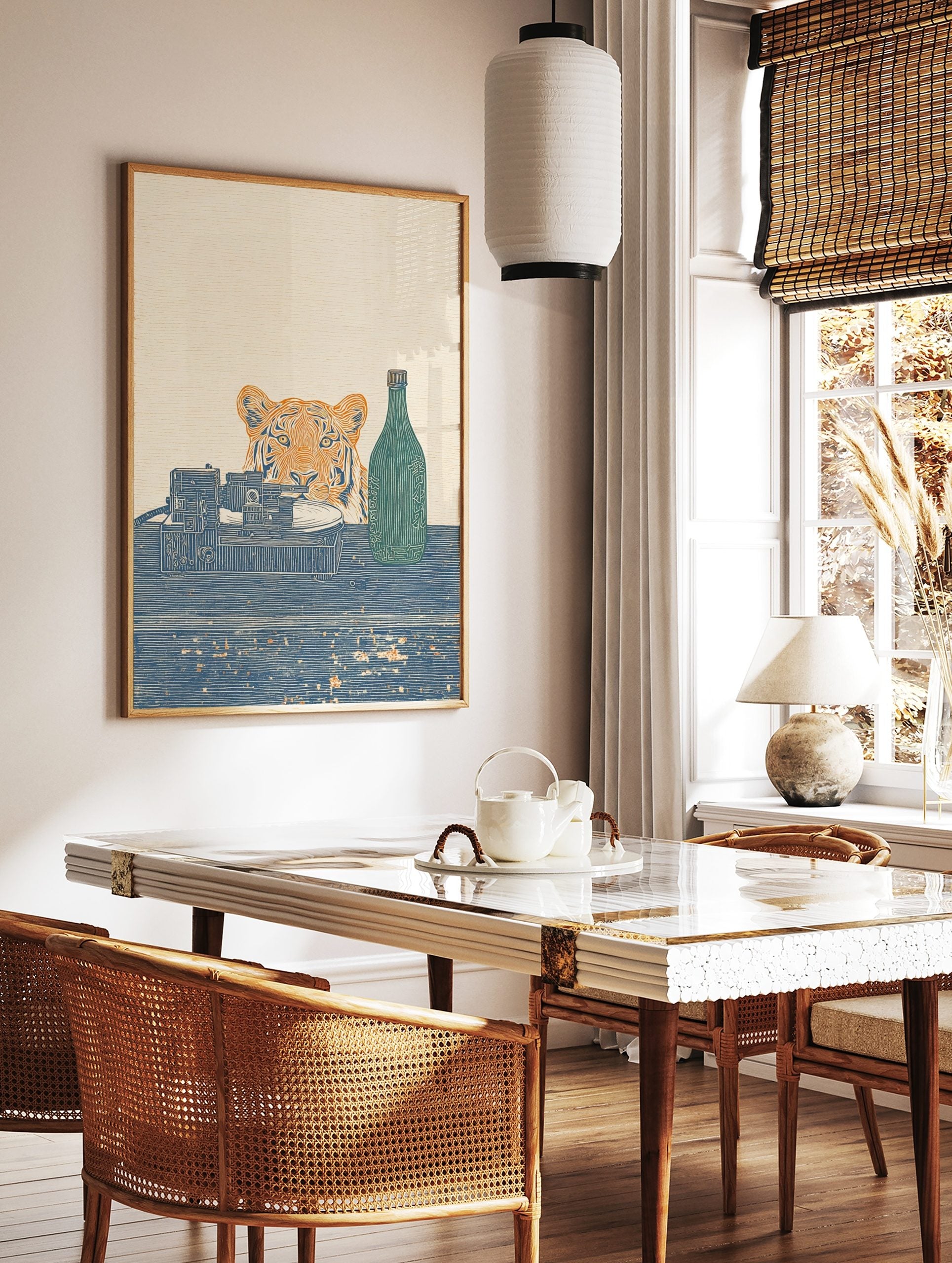 Woodblock style art print of a tiger, record player, and green bottle with Japanese text on a blue, in a styled room mockup