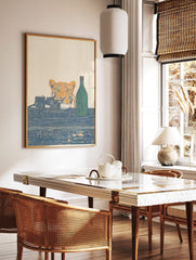 Woodblock style art print of a tiger, record player, and green bottle with Japanese text on a blue, in a styled room mockup
