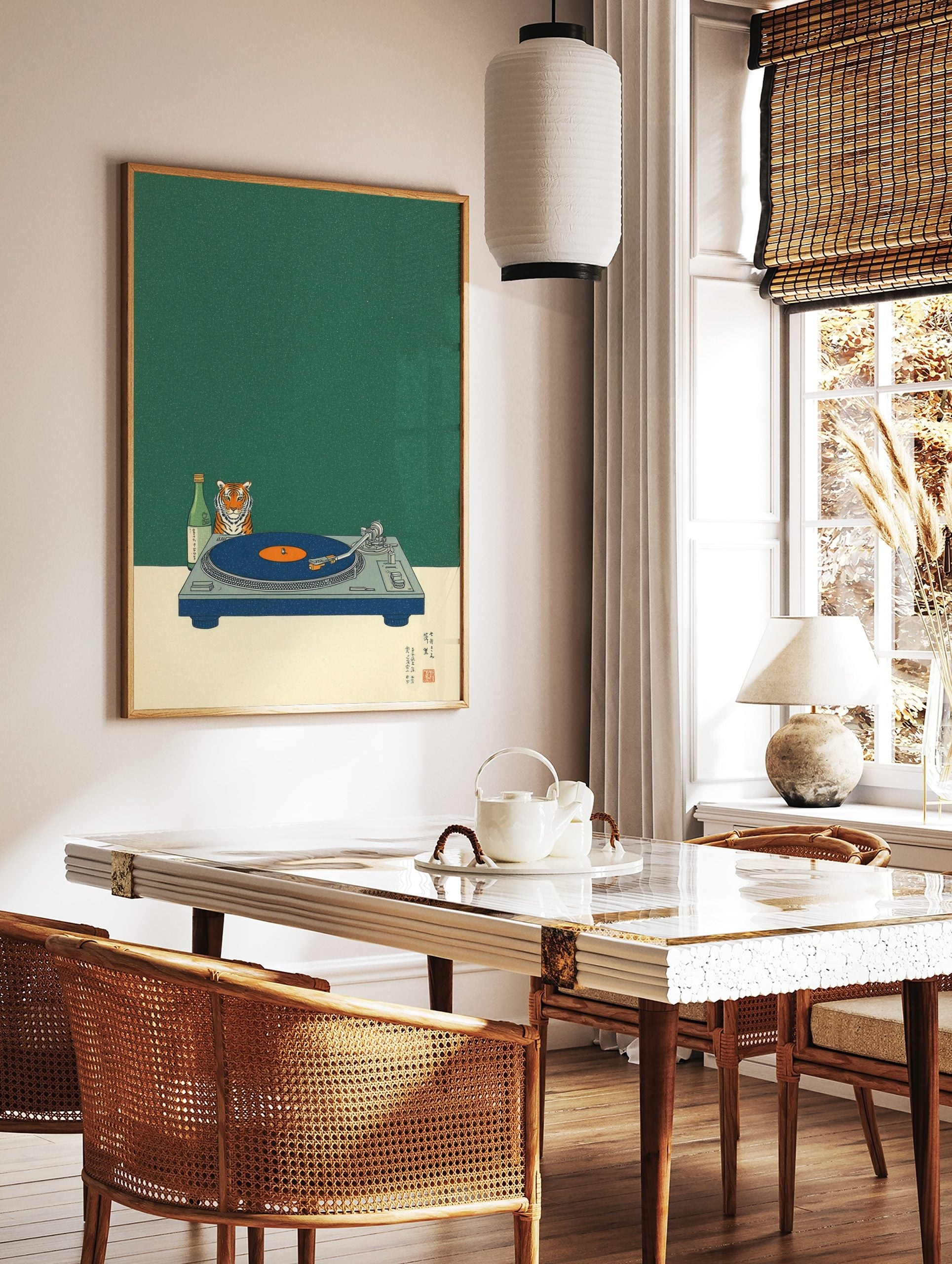 Tiger head, green sake bottle, and blue turntable with orange record on speckled green background, in a styled room mockup
