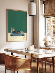 Tiger head, green sake bottle, and blue turntable with orange record on speckled green background, in a styled room mockup