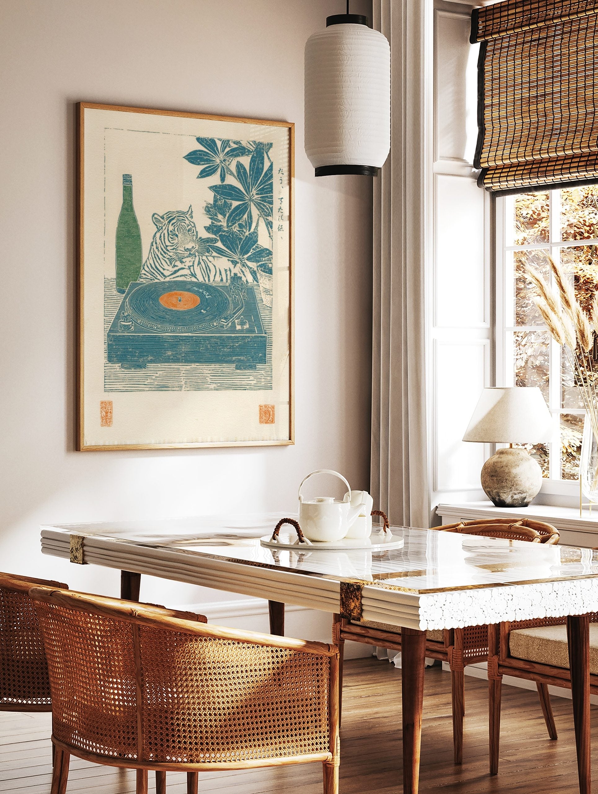 Woodblock style print of a tiger with a record player, orange vinyl, green sake bottle, and large, in a styled room mockup