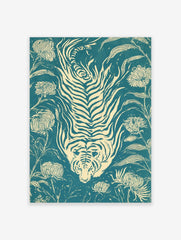 Stylized tiger and chrysanthemum flower illustration on teal background in a woodcut print style
