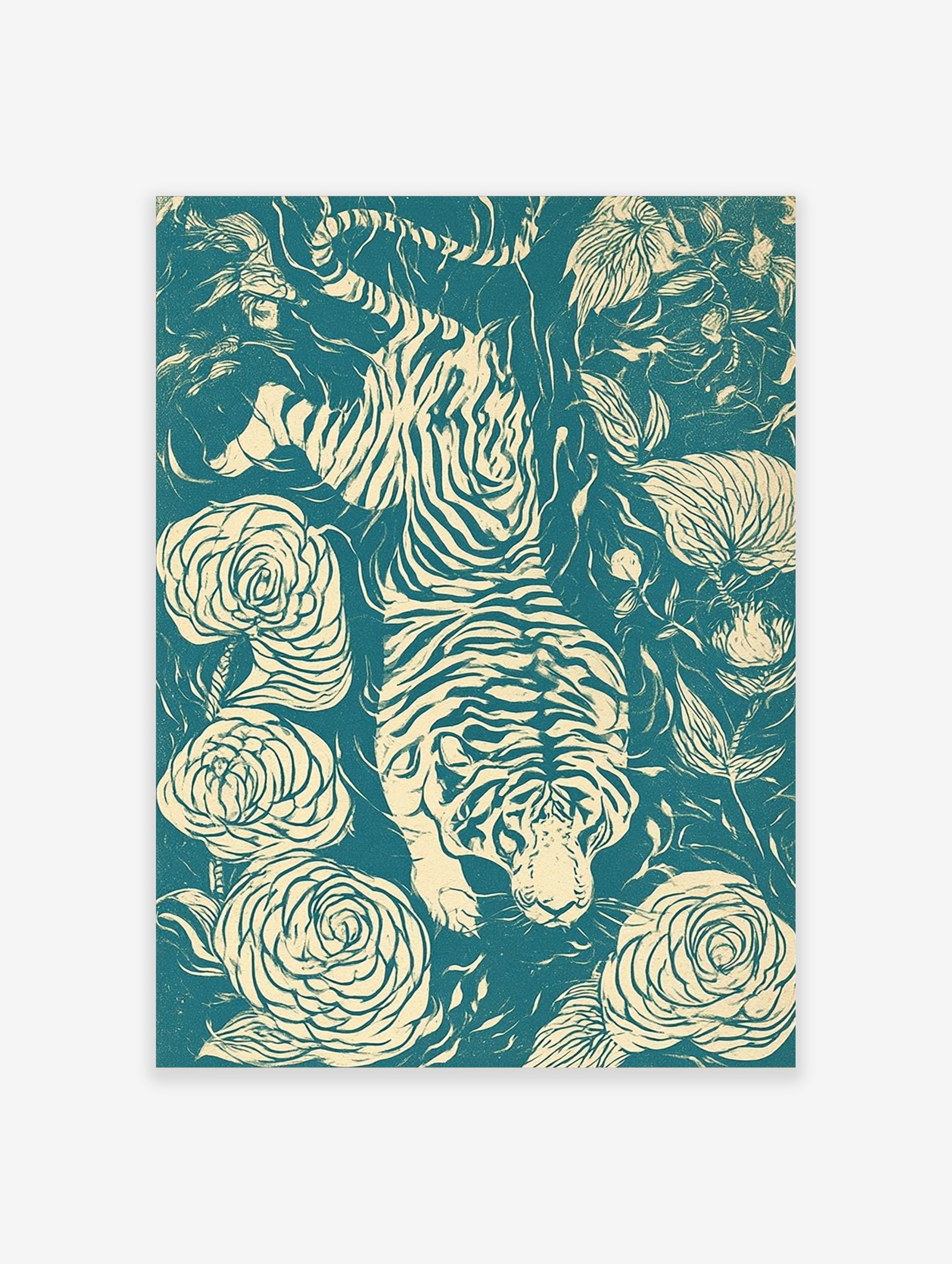 Tiger and floral botanical wall art print with teal and cream graphic illustration of a big cat and large roses