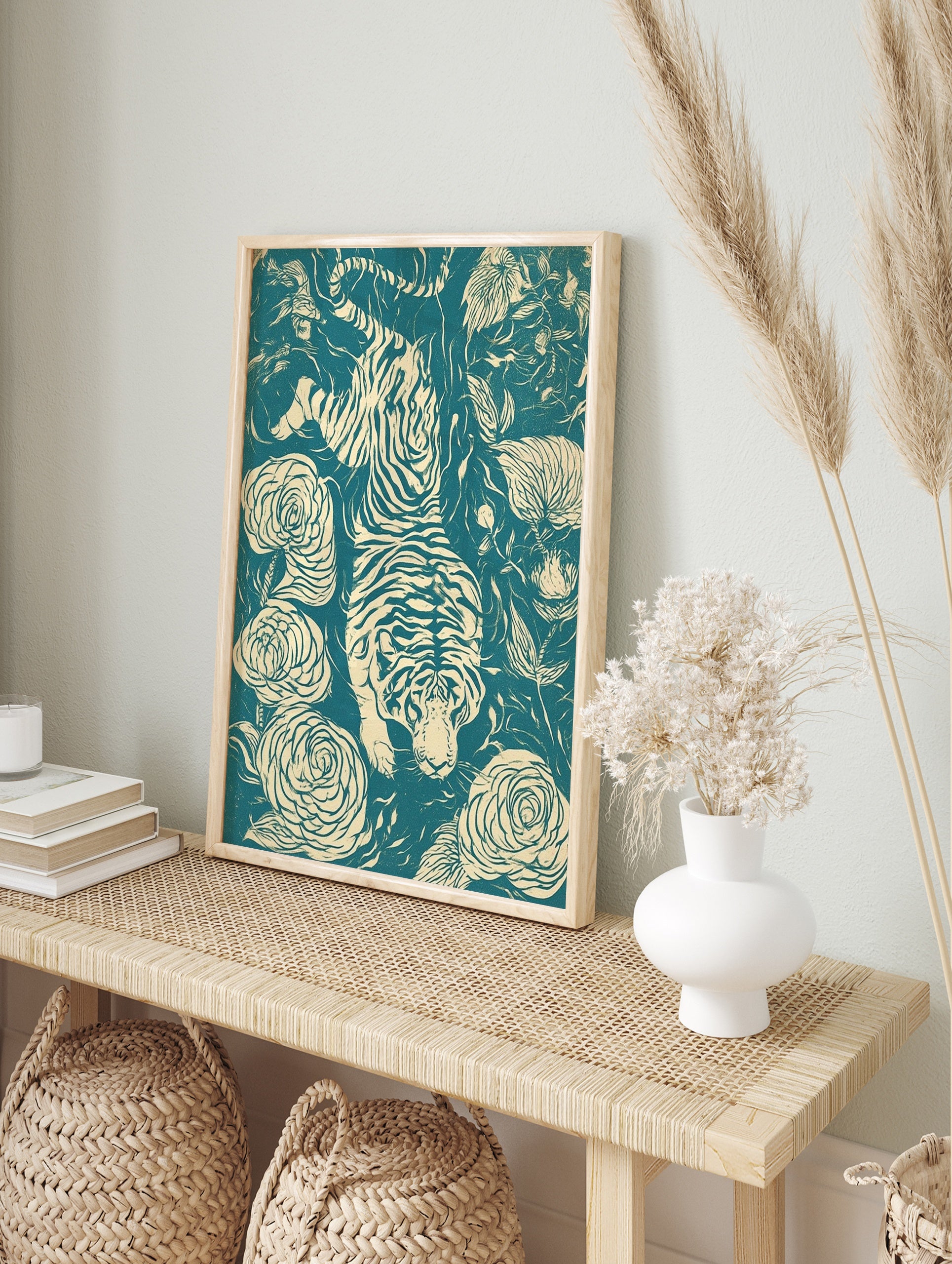 Tiger and floral botanical wall art print with teal and cream graphic illustration of a big, in an alternate framed mockup