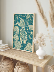 Tiger and floral botanical wall art print with teal and cream graphic illustration of a big, in an alternate framed mockup