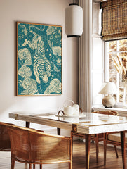 Tiger and floral botanical wall art print with teal and cream graphic illustration of a big cat and, in a styled room mockup